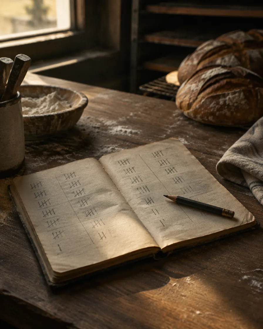 Open notebook on a bakery counter, with pencil tally marks