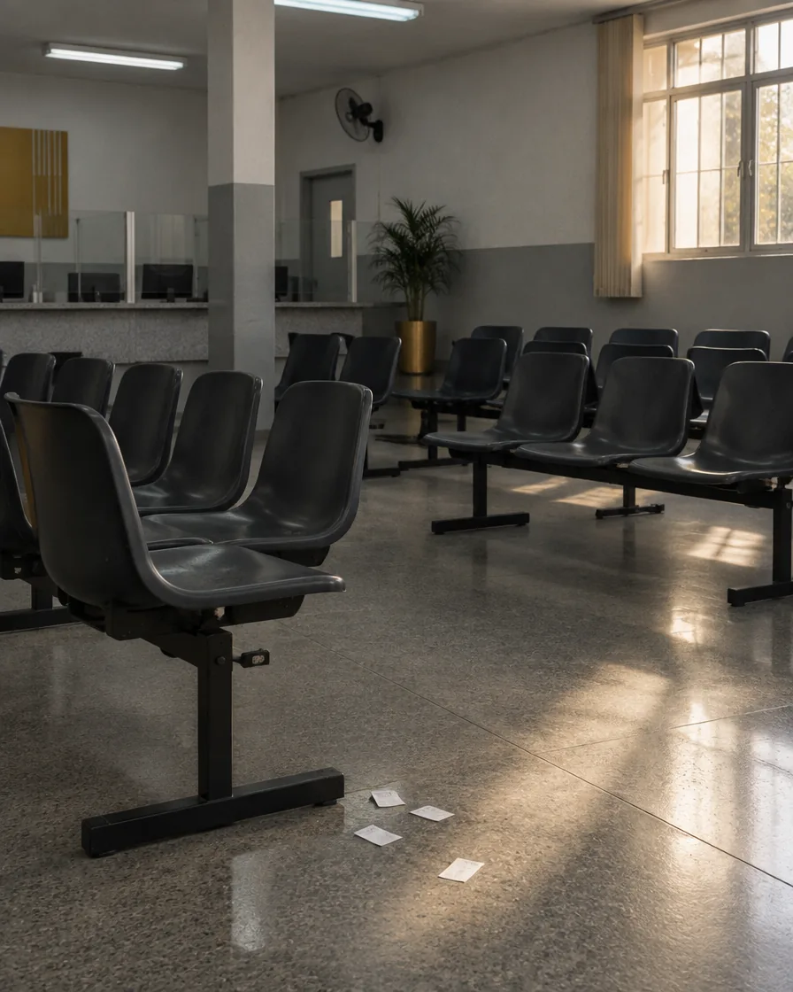Waiting room of a public service, with empty chairs and paper tickets on the floor
