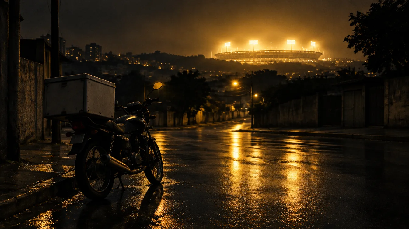 Delivery bike parked on a wet street at night, with stadium lights glowing in the background