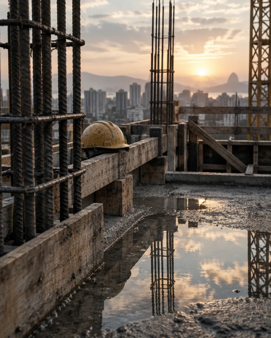 Construction site at dawn, with rebar, wooden forms and a hard hat resting